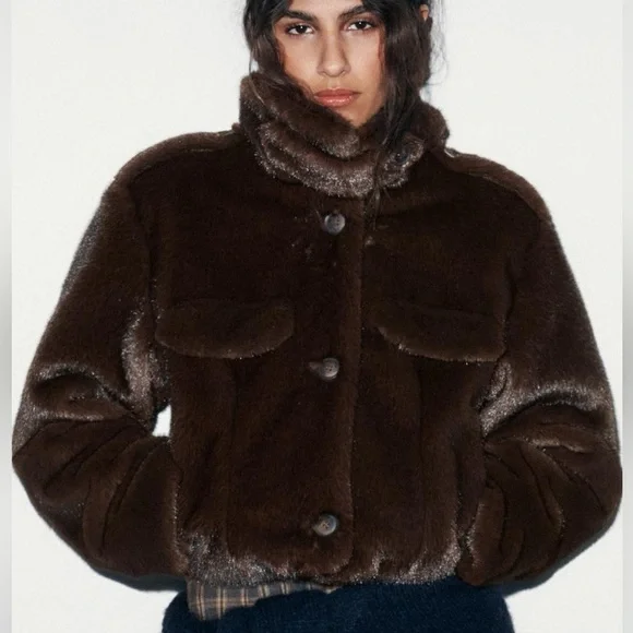 Zara Brown Faux Fur Jacket - Picture 3 of 3